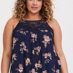 Torrid Navy Floral Crochet Yoke Gauze Tank